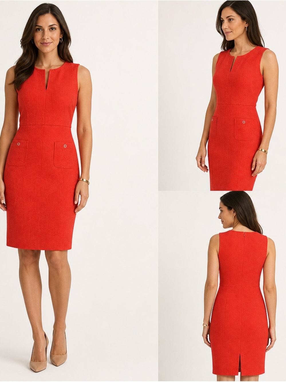 Tommy Hilfiger Sleeveless Red Textured Shift Dress with Patch Pockets